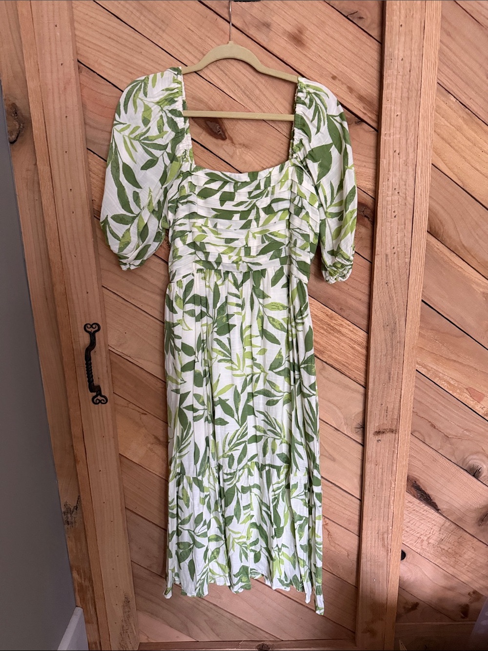 LC Lauren Conrad White Midi Dress with Green Leaf Print